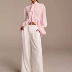 COSMINA Womens Pink Ruffled Long Sleeve Blouse With Scarf Tie, Casual Elegant Resort Romantic Bohemian Sheer Ruffled Blouse