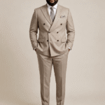 Classic Taupe Double-Breasted Gabardine Suit