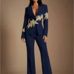 Radiana Womens Sexy Elegant Luxurious Black Suit Set, Includes Gold Thread Embroidered Blazer Jacket Black Trousers