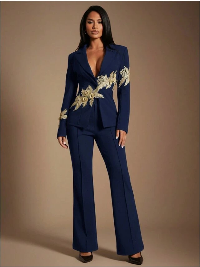 Radiana Womens Sexy Elegant Luxurious Black Suit Set, Includes Gold Thread Embroidered Blazer Jacket Black Trousers, 3D Floral Embroidery Decor, Suitable For Business, Meetings, Banquets, Parties, For Radiana Womens Sexy Elegant Luxurious Black Suit Set, Includes Gold Thread Embroidered Blazer Jacket Black Trousers - Image 1