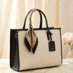 Aesthetic Cream & Black Leather Tote Bag _ Minimalist Work Handbag